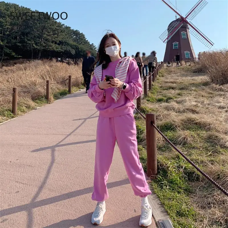 Casual Hoodies and Pants Two Piece for Women Long Sleeve O-Neck Loose Fashion Set Female Korean Chic Free Size