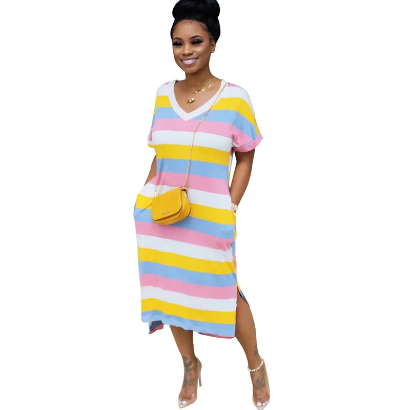 Женское платье футболка в полоску с V образным вырезом и коротким рукавом|Женские
