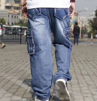 Streetwear Hip Hop Jeans Men Side Pocket Skateboard Denim Pants Loose Male Jeans Baggy Style Cargo Wide Leg Trousers Big Size
