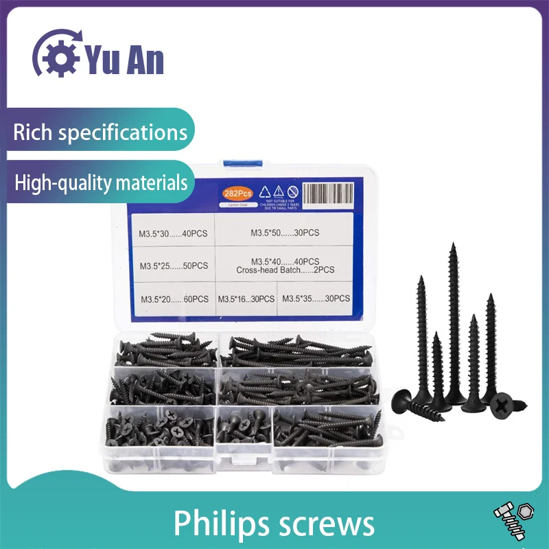 Drywall Screw M3.5 Wood Screws Counter Sunk Flat Head Tapping Screws with Cross Recessed Carbon Steel Philips Screws 282pcs/set