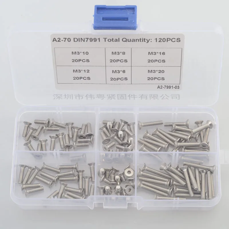 

120pcs M3 mm flat head countersunk head grade 10.9 304 stainless steel Hex Socket Head Cap Screw DIN7991 Screws