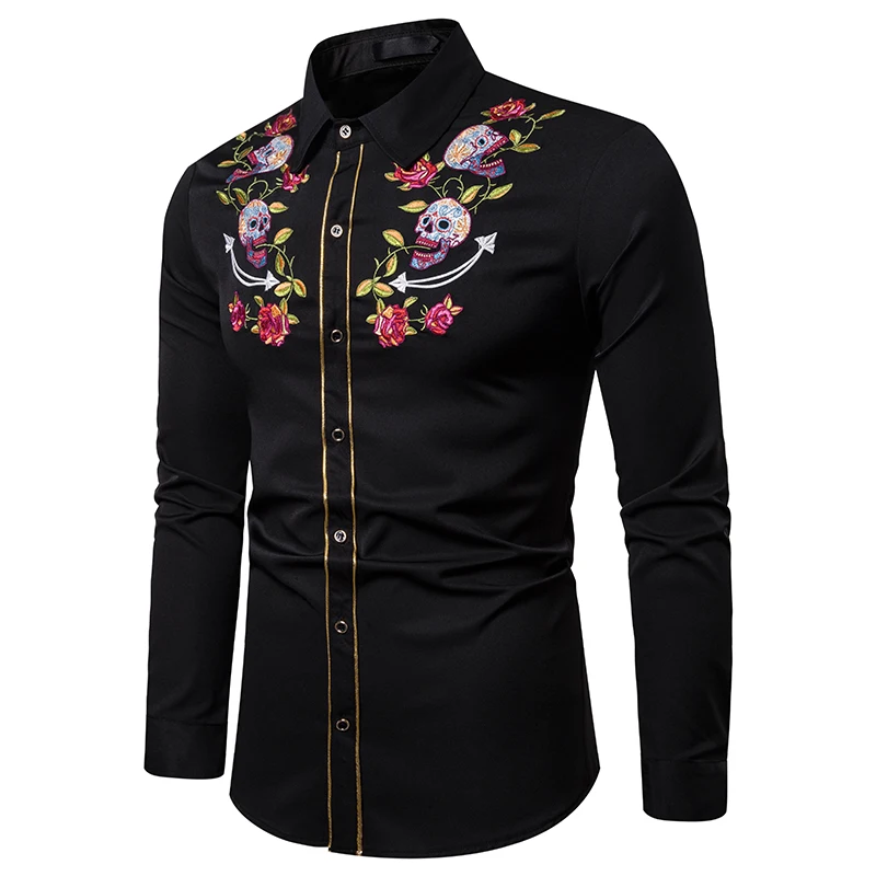 UNPADUPE Мужская мода Западный череп ковбоя и Роза вышивка рубашка Slim Fit Повседневная с длинным рукавом пуговицы вниз платье рубашки
