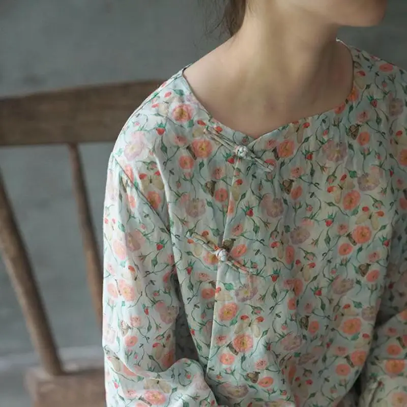 Винтажные Топы рукав девять-четвёртых с круглым вырезом и принтом на пуговицах