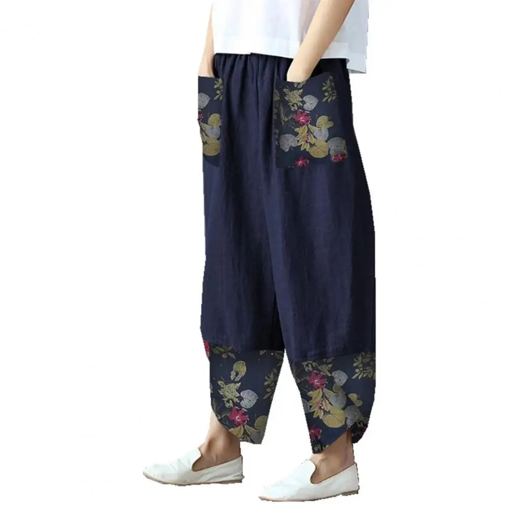 

New Women Loose Casual Pants Ethnic Print Patchwork Summer Wide Leg Elastic Waist Trouser for Daily Streetwear