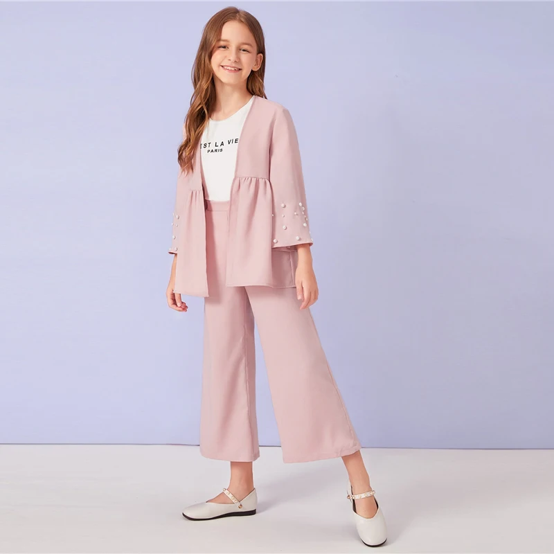 SHEIN Kiddie/розовое пальто с манжетами и широкими штанинами для девочек, комплект детской одежды г., Осенний повседневный костюм с длинными рукавами и оборками
