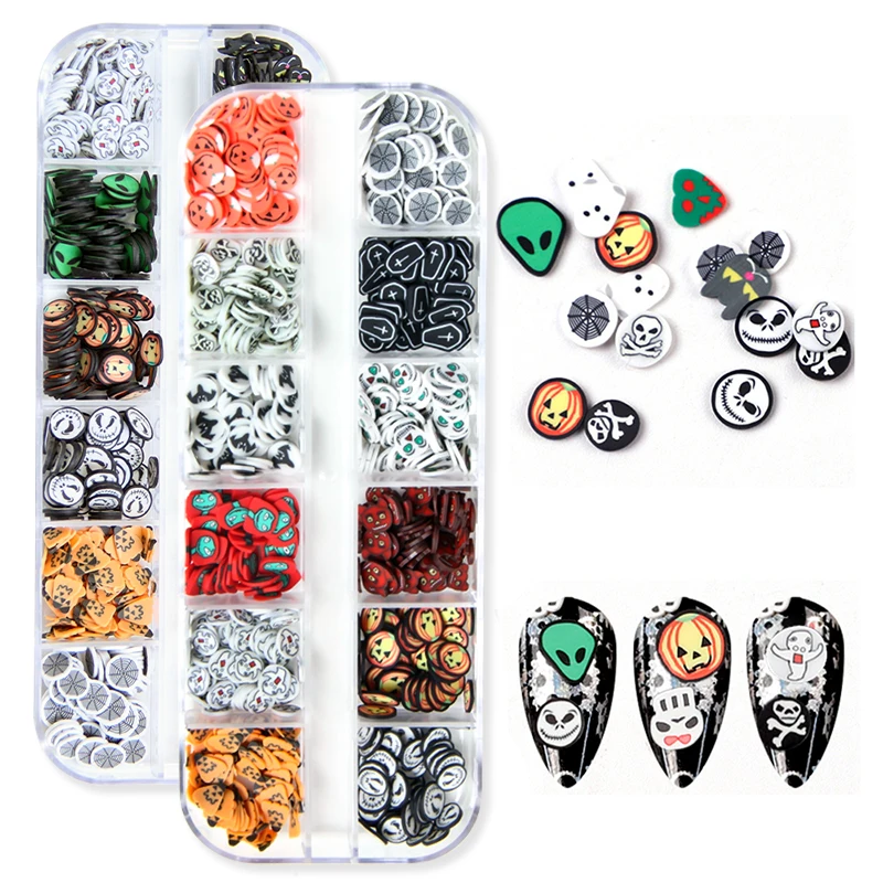 

12 Grids Halloween Design Nail Art Sequins Ghost Pumpkin Polymer Clay Slices 3D Flakes Nail Charms Decoration Manicure Supplies