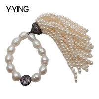 y%c2%b7ying white rice freshwater pearl cz pave beads stretch bracelet pearl tassel charm for women party jewelry accessories