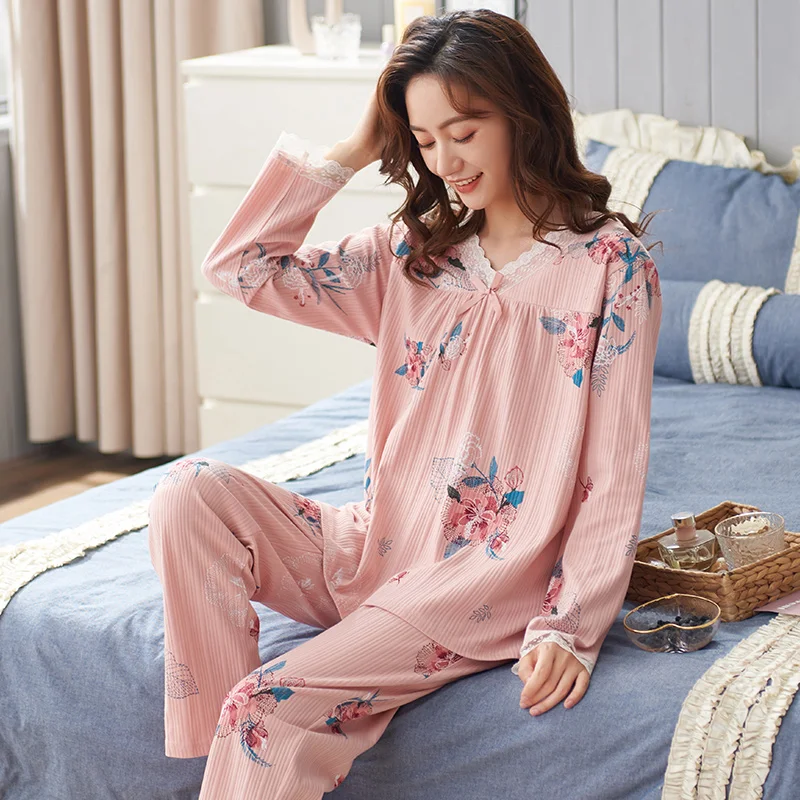 New Autumn Knitted Cotton Women Pajamas Set Floral Sleepwear Long Sleeve Casual Soft Loose 3XL Female Homewear Clothes