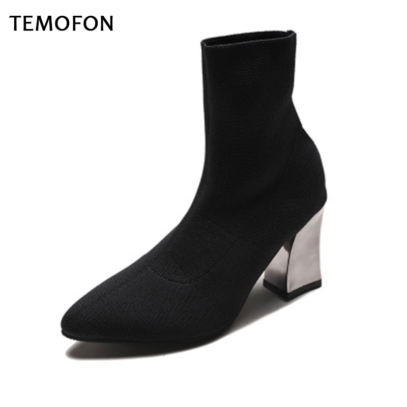 Сапоги носки Женская обувь из эластичной ткани Зимние женские ботильоны на