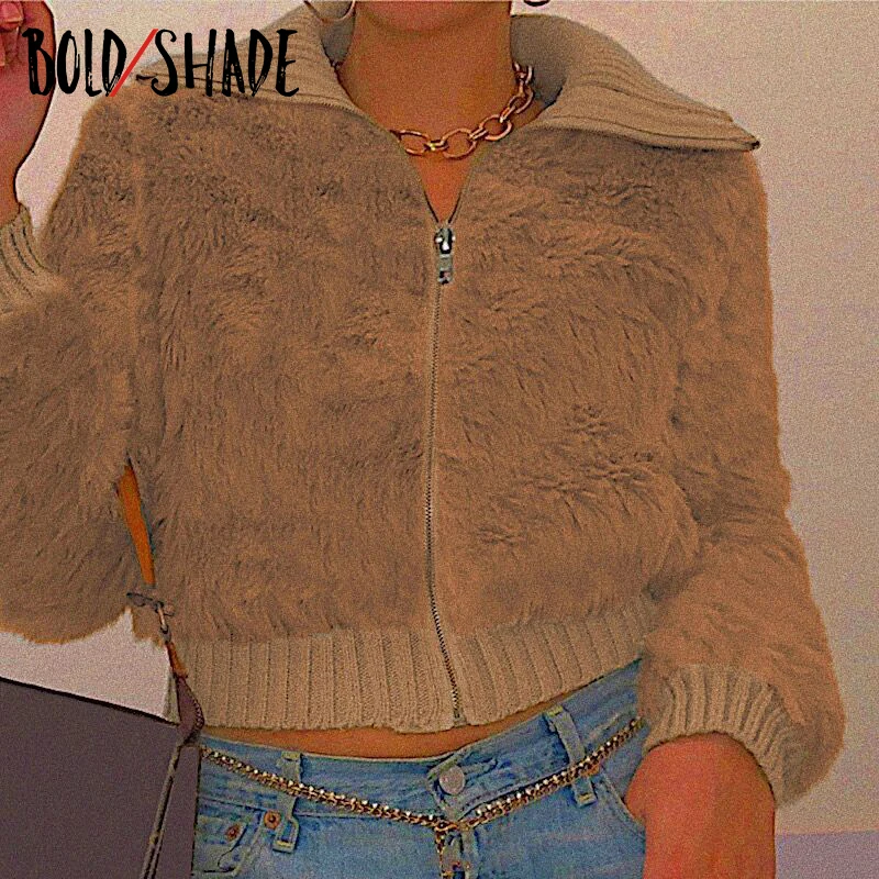 

Bold Shade Vintage Fashion Women Shaggy Coat Patchwork Zipper Unicolor Warm Cropped Jackets Y2K Grunge Style Winter Coats 2021