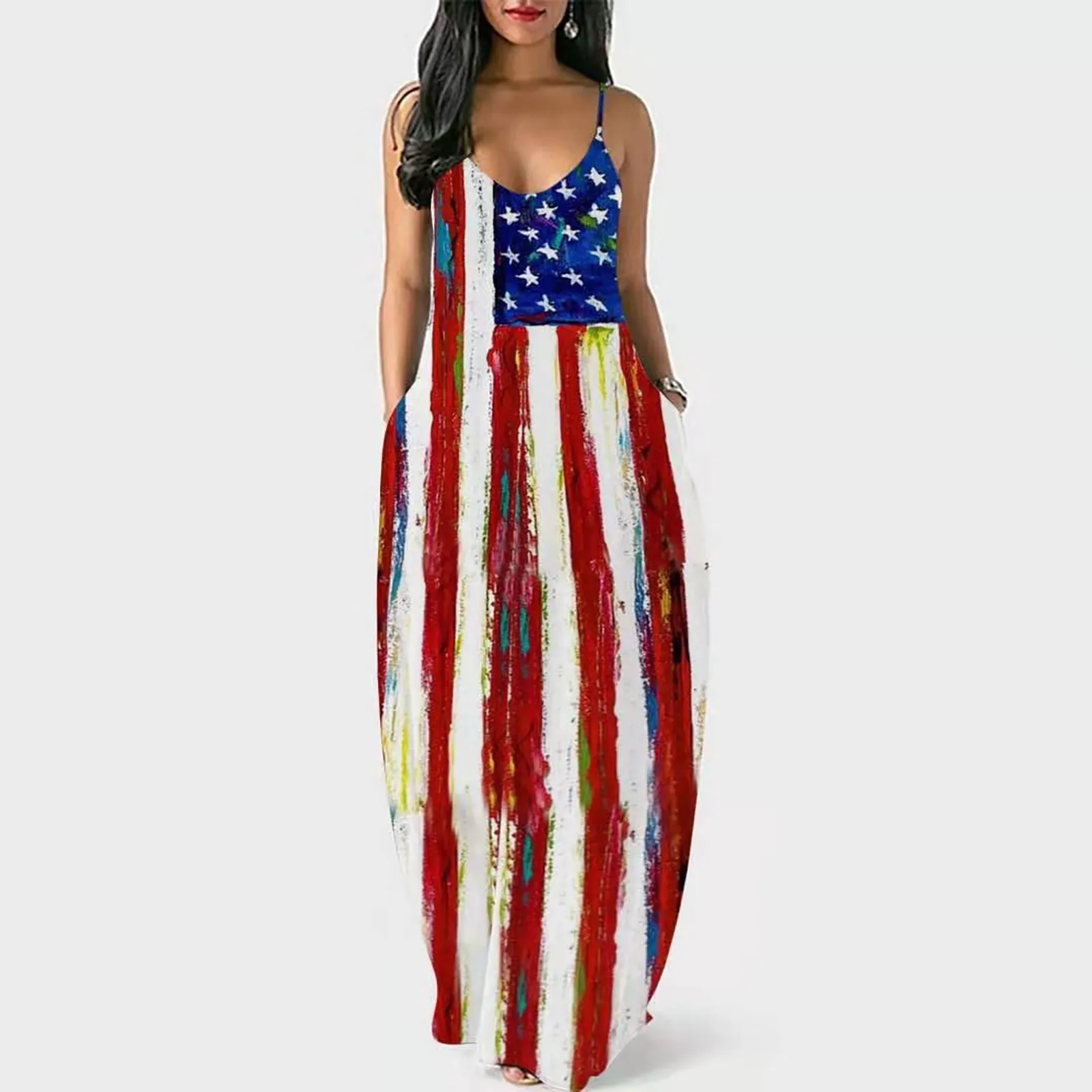 

Женское длинное платье на бретельках с принтом в виде американского флага, пляжные праздвечерние чные платья без рукавов 2021, женское Повсед...
