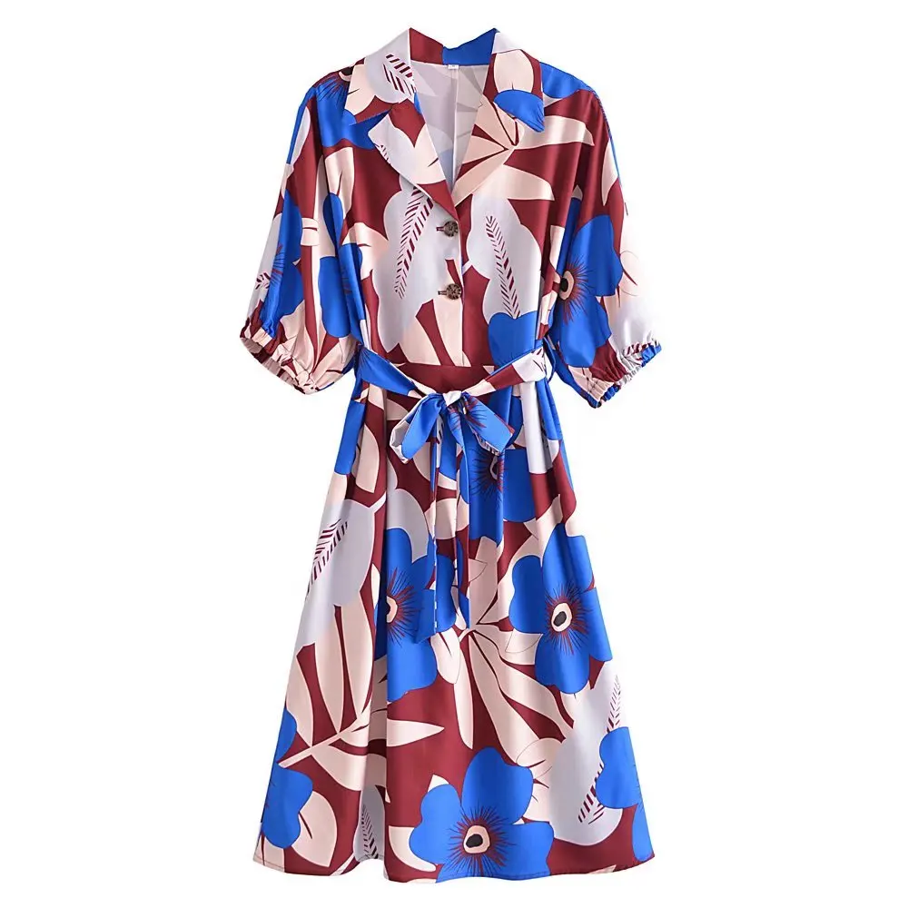 

Clazzaa Women Fashion Printed Single Breasted Midi Dress With Belt Vintage Half Sleeve Lapel Neck Female Dresses