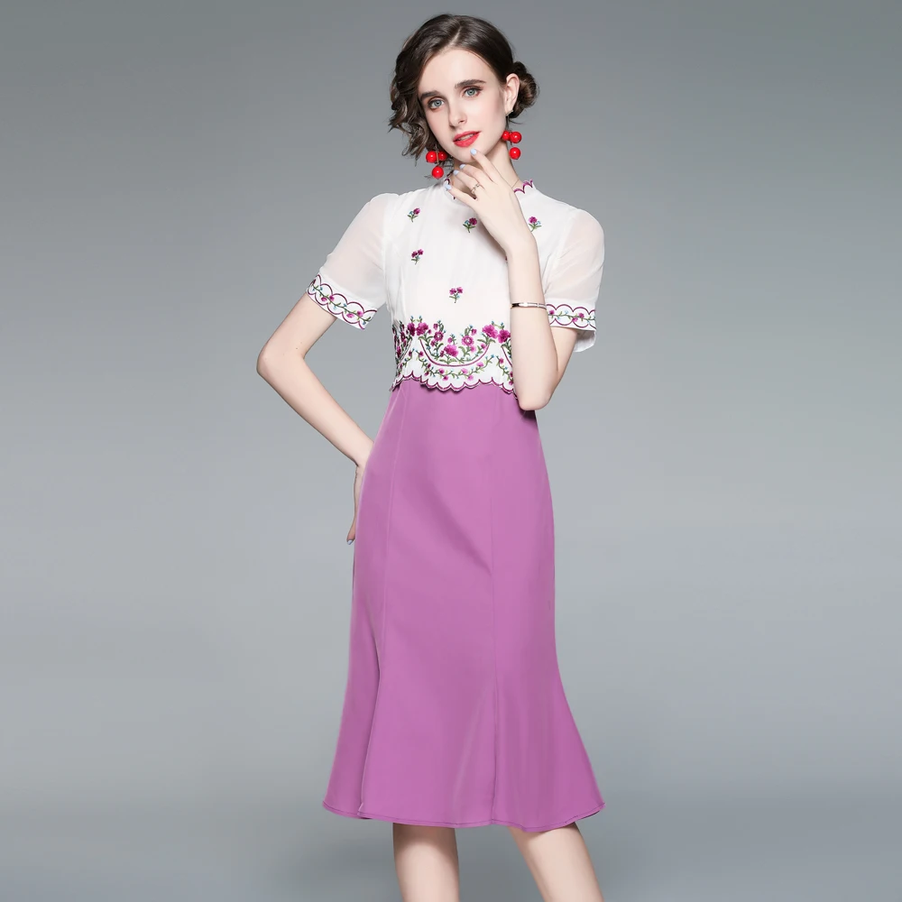 

Simgent High End Embroidery Mermaid Dress Women Summer Short Sleeve Patchwork Elegant Midi Long Dresses Robe Femme SG16223