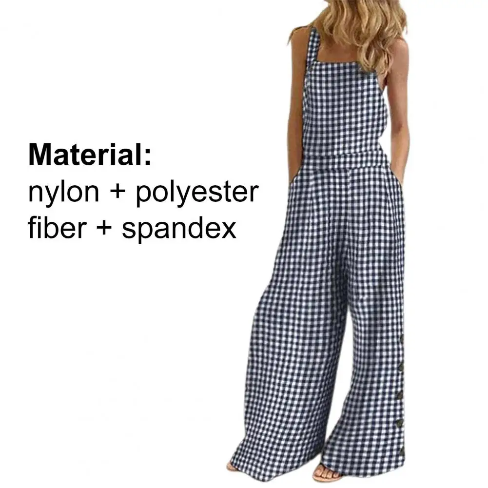 

Summer Jumpsuit Women Fashion Wide Leg Checkered Plaid Sleeveless Pockets Loose Suspenders Playsuit monos mujer elegante 2021