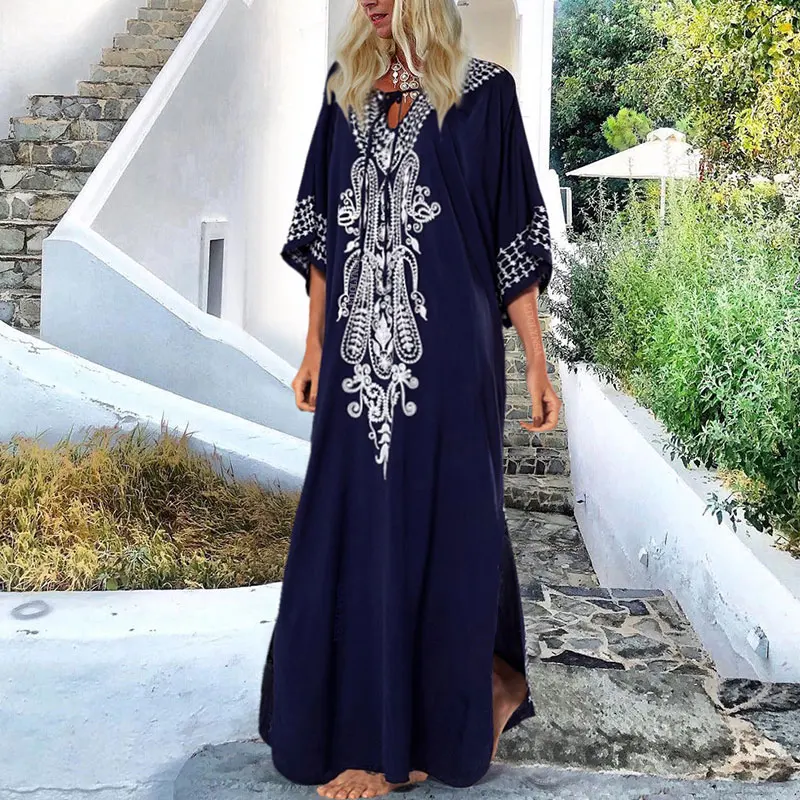

2021 Indie Folk Lace Up V-Neck Batwing Sleeve Summer Beach Dress Tunic Women Beachwear kaftan Maxi Dress Robe Sarong Q775