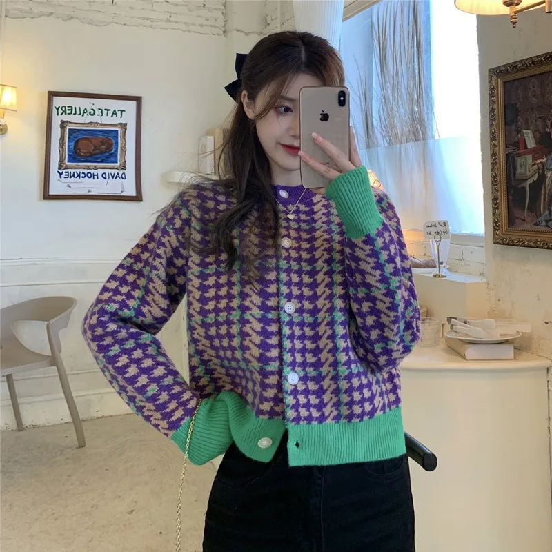 

Korea Style Purple Houndstooth Trendy Knitted Cardigan Sweater For Women Autumn Winter Single Breasted Round Neck Female Tops
