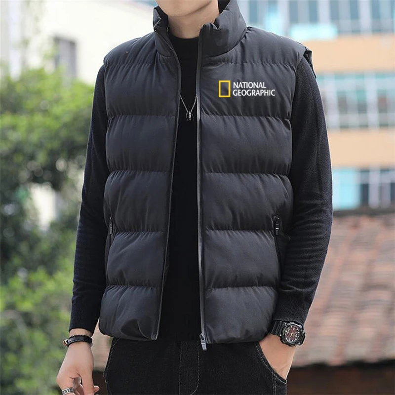 

2021 New National Geographic Autumn Winter Jacket Men's Stand Collar Vest Men Zipper Jacket Sleeveless Casual Vest Coat