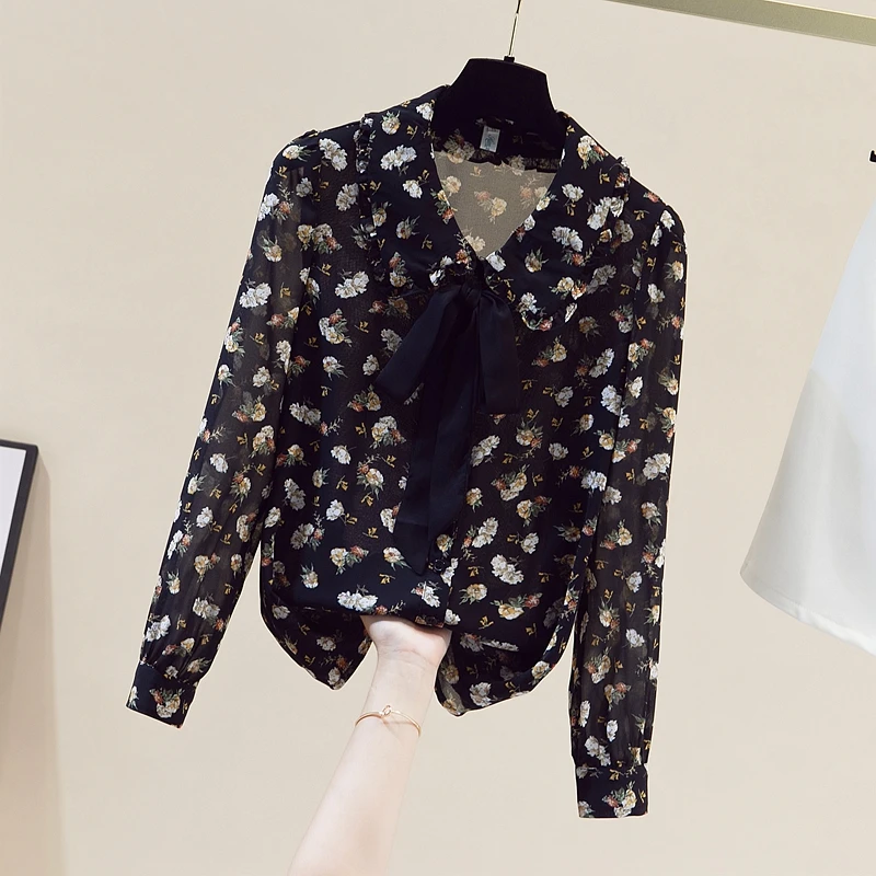 

Korean Style Spring Autumn Fashion Women Bow Peter Pan Collar Long Sleeve Floral Chiffon Shirts Ladies Shirt Female Blouse Tops
