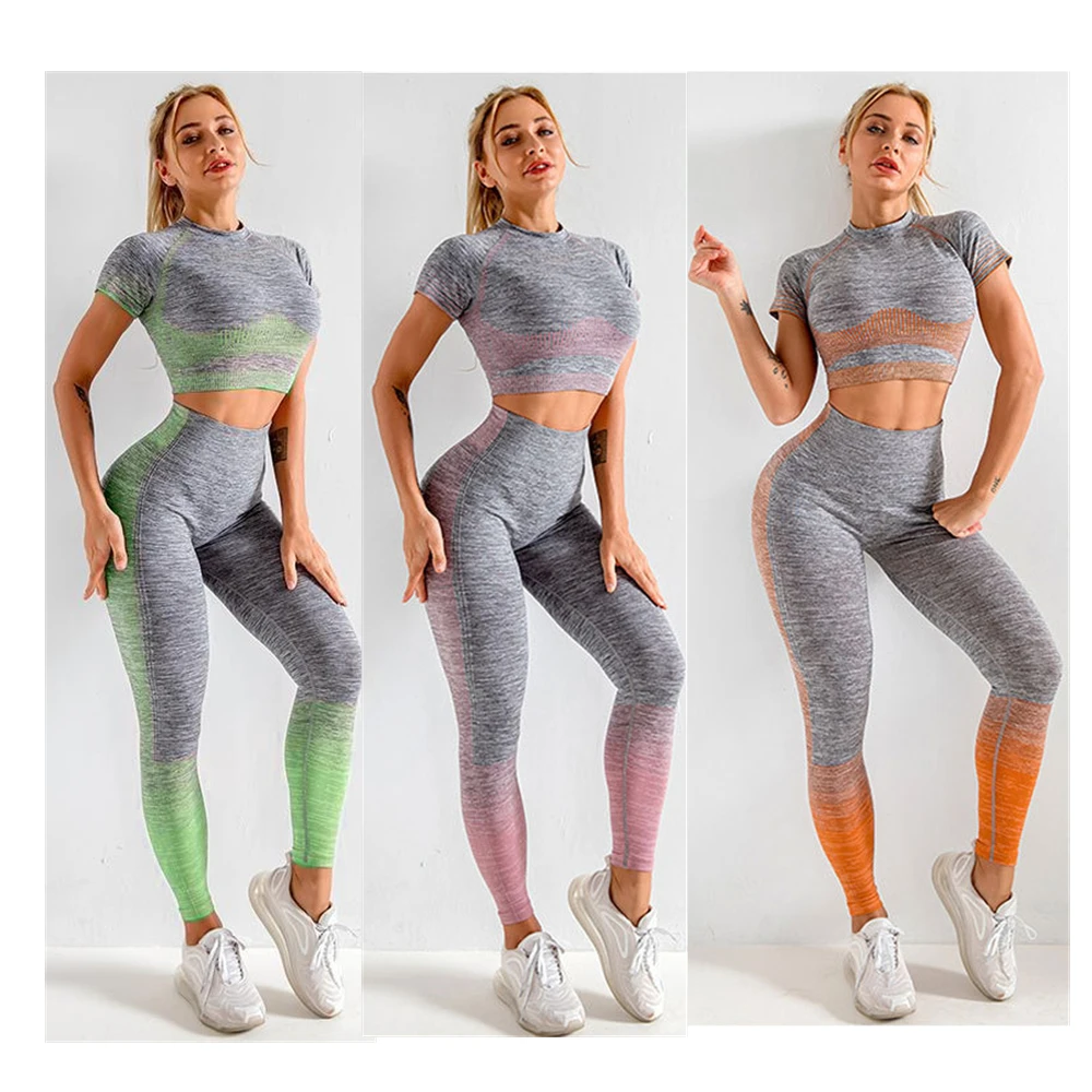 

Бесшовный Женский комплект для фитнеса и йоги с коротким рукавом и брюками, женская одежда для йоги, спортивная одежда, укороченный топ, лег...