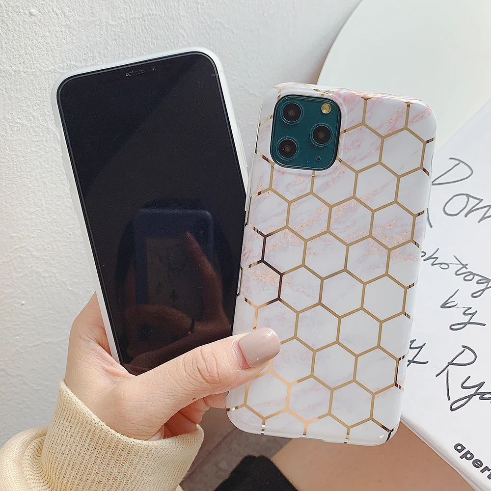 Gilded Line Geometric Marble Phone Case For iPhone 11 Pro Max XR X XS 7 8 6S Plus Soft IMD Full Body Back Cover | Мобильные телефоны