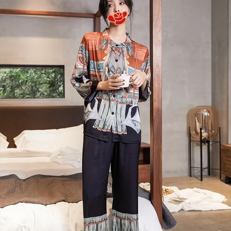 New Women's Pajamas Set Bohemian Style Folk Print Sleepwear Small Collar Silk Like Leisure Home Clothes Nightwear пижама женская