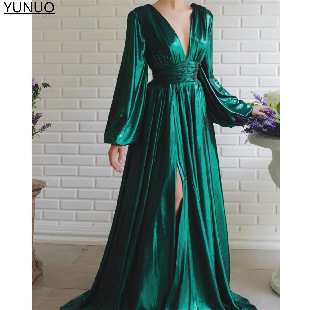 YUNUO блестящие бирюзовые вечерние платья с длинным рукавом V-образным вырезом