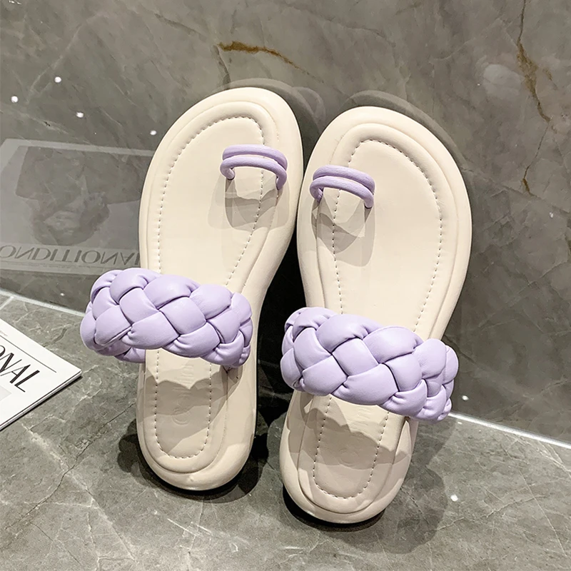 

2021 Women Beach Flip Flops Casual Flat Slippers Weaving Narrow Band Designer Summer Platform Shoes Women Home Outdoor Slides