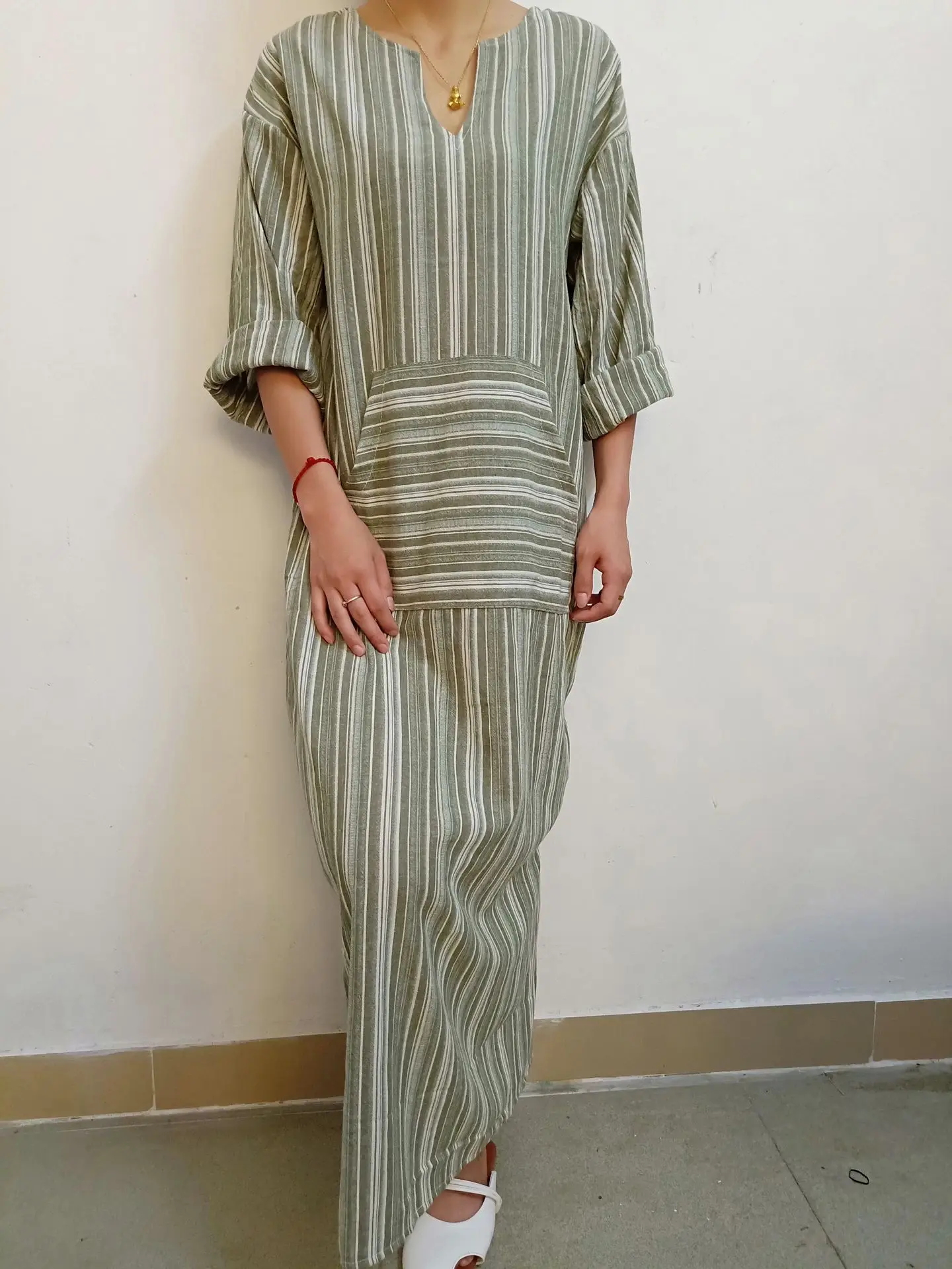 

Womens Cotton Linen Dress muslim moroccan Kaftan Long Sleeve 2020 abaya Striped Women Plus Size Long Maxi Boho Dresses vestidos