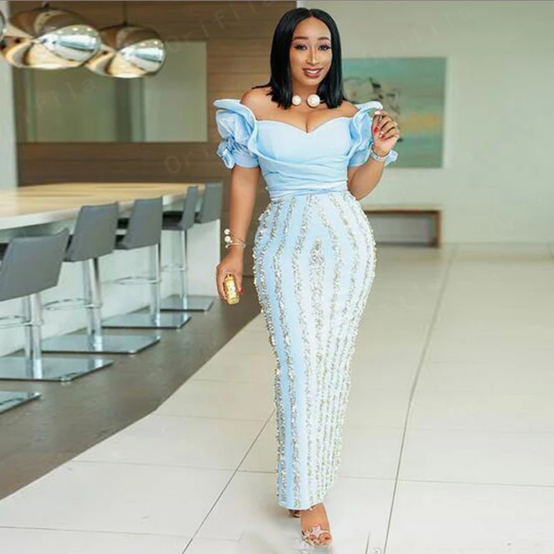

2021 Gorgeous Aso Ebi African Evening Dress Off the Shoulder Ankle Length Ruched Sequins Lace Cocktail Party Gowns Prom Dress