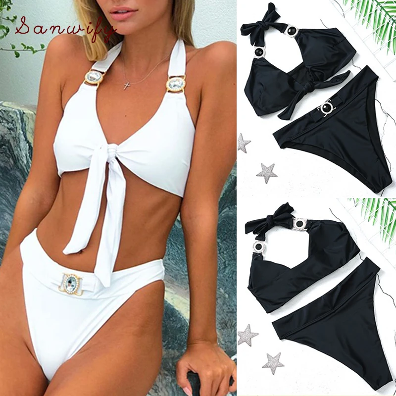 

Snake Print 2020 Rhinestone Bikini High Waist Swimsuit Women Halter Swimwear Diamond Bikini Set Knot Bathing Suit