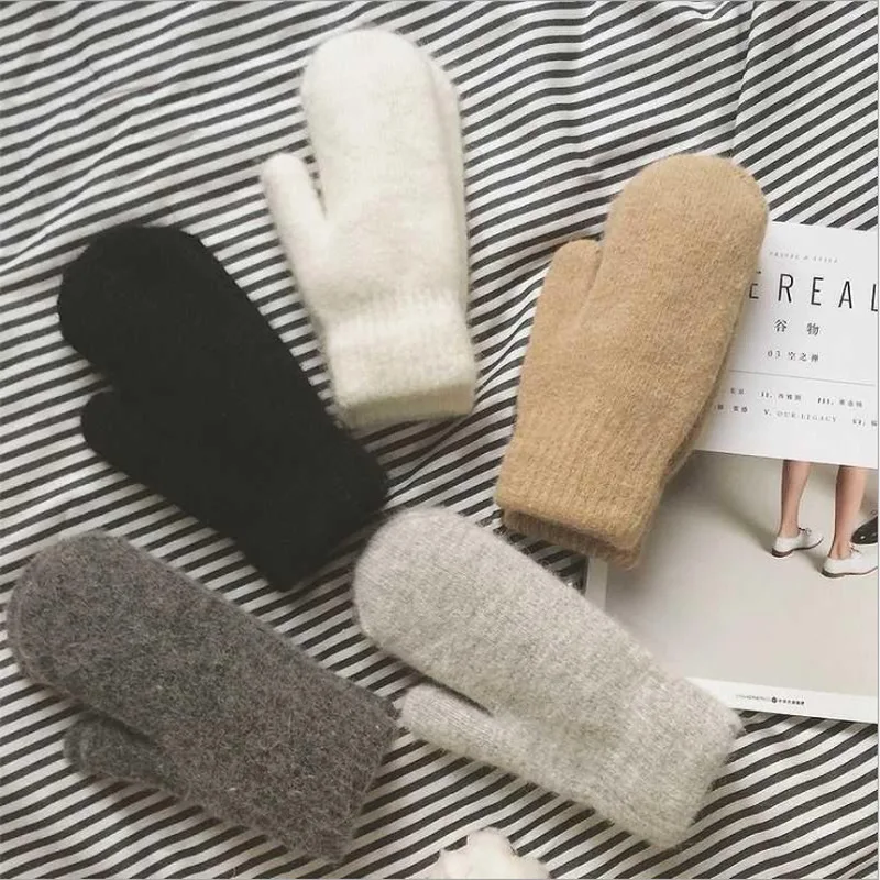 

New Winter Women Cute Lovely Solid Keep Warm Plus Cashmere Thicken Knitting Wool Gloves Elasticity Full Fingers Drive Mittens