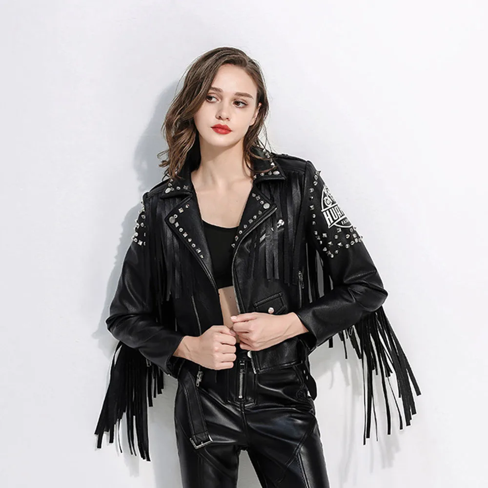 

Women Gothic PU Jacket Long Sleeve Retro Punk Solid Zipper Slim Short Autumn Winter Jacket For Women With Tassels Rivets