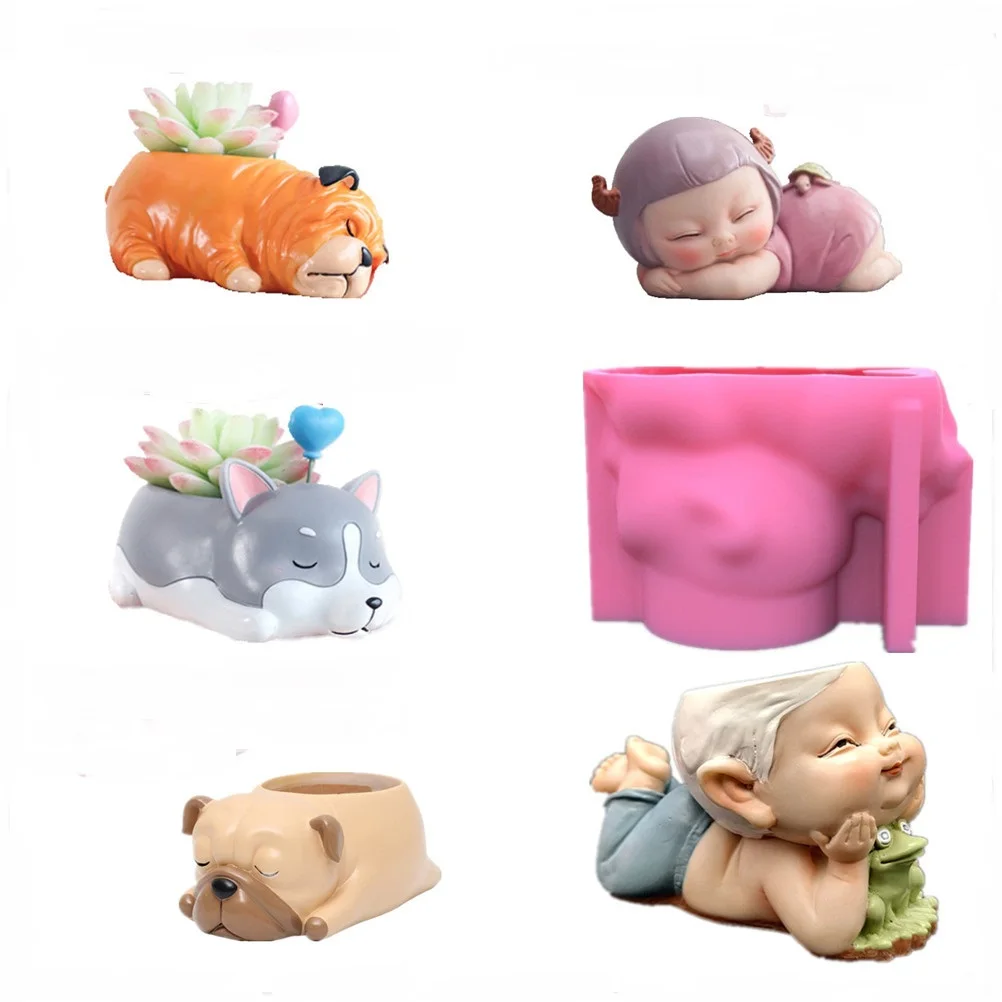 Recumbent Child Puppy Fox Silicone Flower Pot Mold Scented Stone Ornaments Homemade DIY Gift Handicraft Flower Pot Making Mold