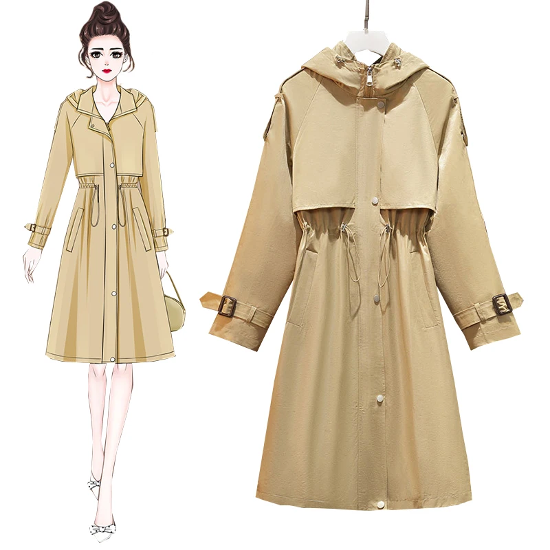 

Thin Windbreaker Outerwear Women Spring Autumn Coat Female Oversize Hooded Slim Casual Trench Coat Lady Overcoat Medium Long