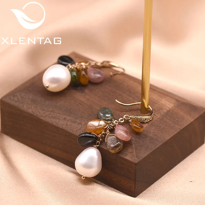 Женские серьги-подвески XlentAg с натуральным жемчугом и турмалиновым кристаллом в