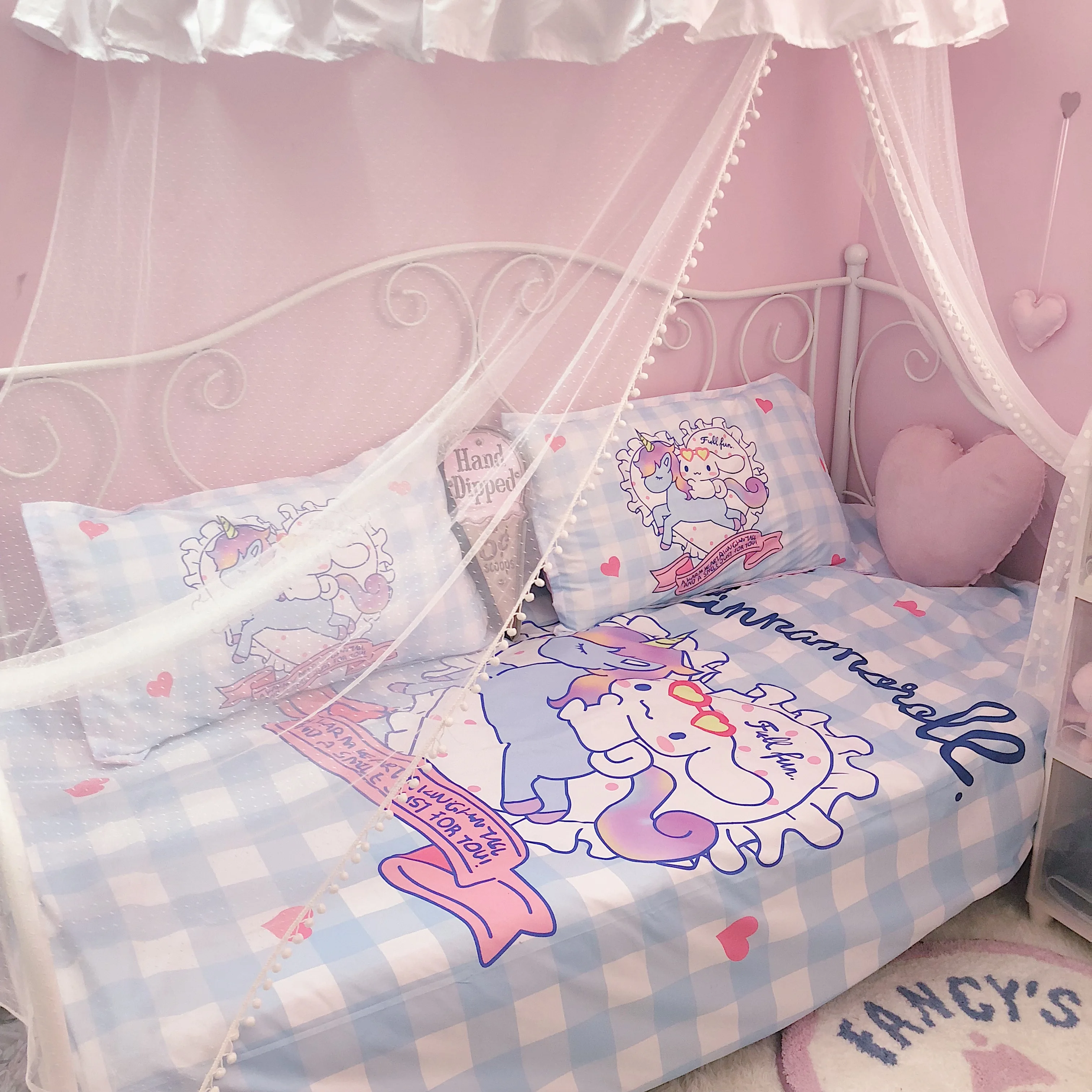 4 шт./компл. прекрасный с единорогом в стиле аниме Cinnamoroll хлопок Постельное белье с мультяшным рисунком постельное белье решетки пододеяльник, простынь, наволочки