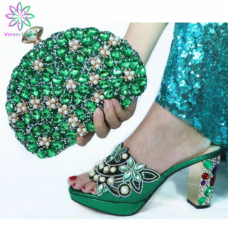 Комплект из туфель и сумки в нигерийском стиле зеленый цвет удобная вечерняя
