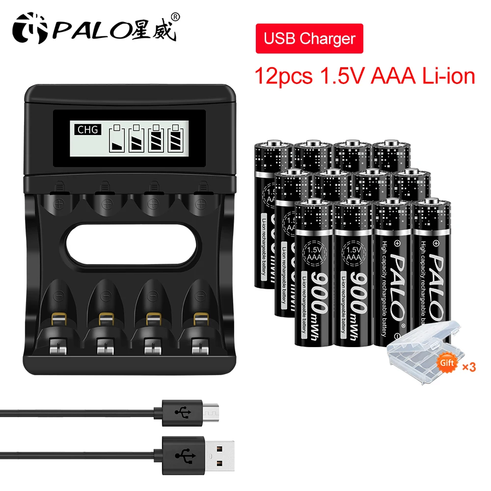 

PALO 1.5V AA AAA Li-ion Rechargeable Battery AA2800mWh AAA900mWh with LCD Smart 1.5V Lithium AA AAA Battery Charger