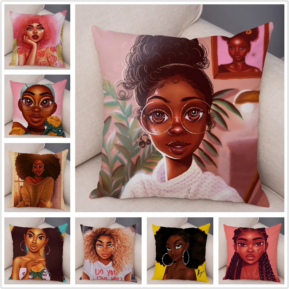 

Beautiful Black Africa Girl Pillow Case Short Plush Decor Colorful Cartoon Cushion Cover for Sofa Car Home Pillowcase 45x45cm