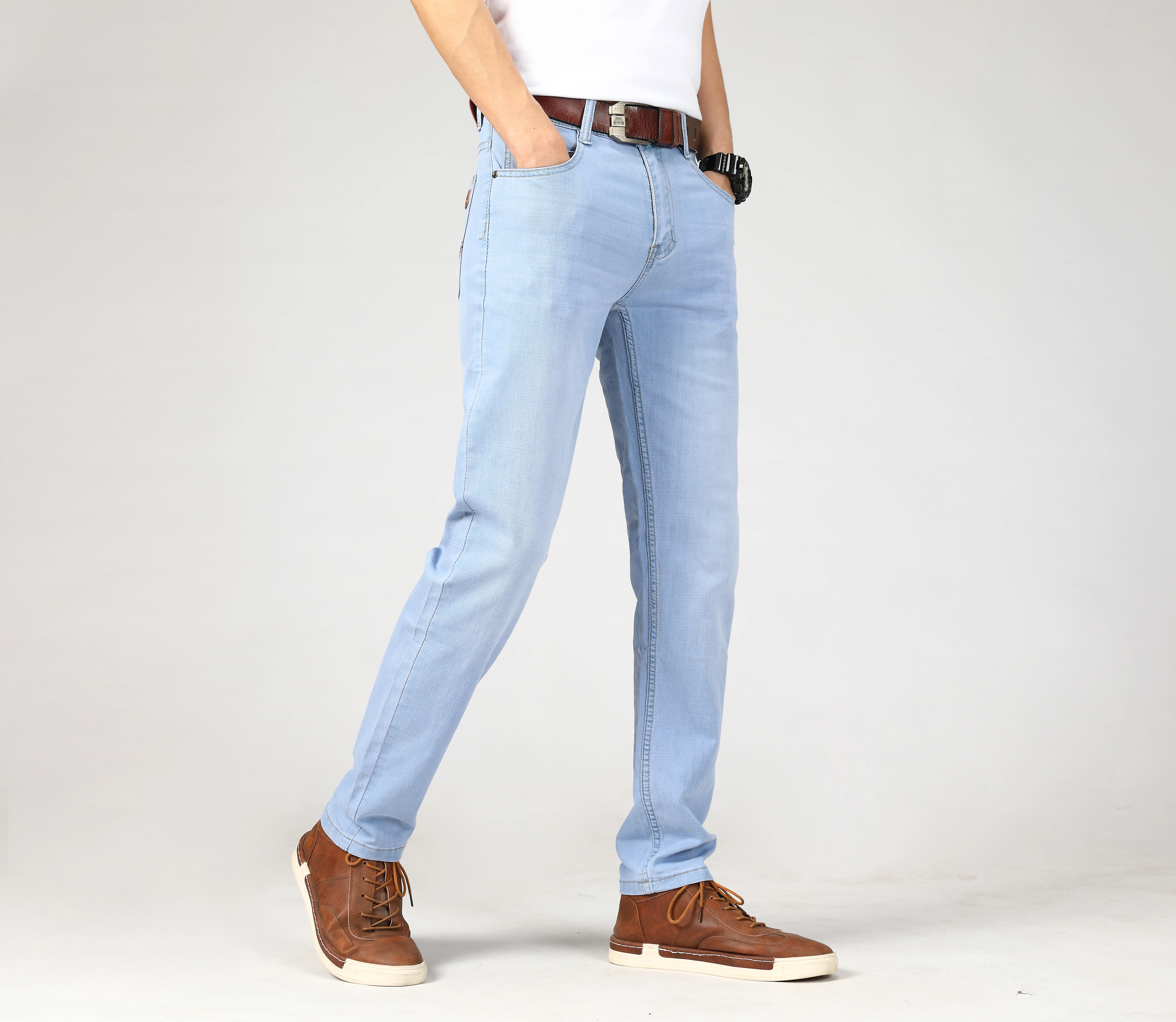 DIMI Men's Denim Shorts Summer New Business casual Style Sky Blue high Elastic Solid Color Slim fit thin Jeans Male Brand