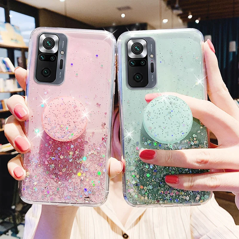 

For Redmi 9 Case For Xiaomi Redmi Note 10 9 7 8 Pro 9s 10s 8T Case Holder Stand Cover Redmi 9A 9C 8 10X Glitter Bling Soft Funda
