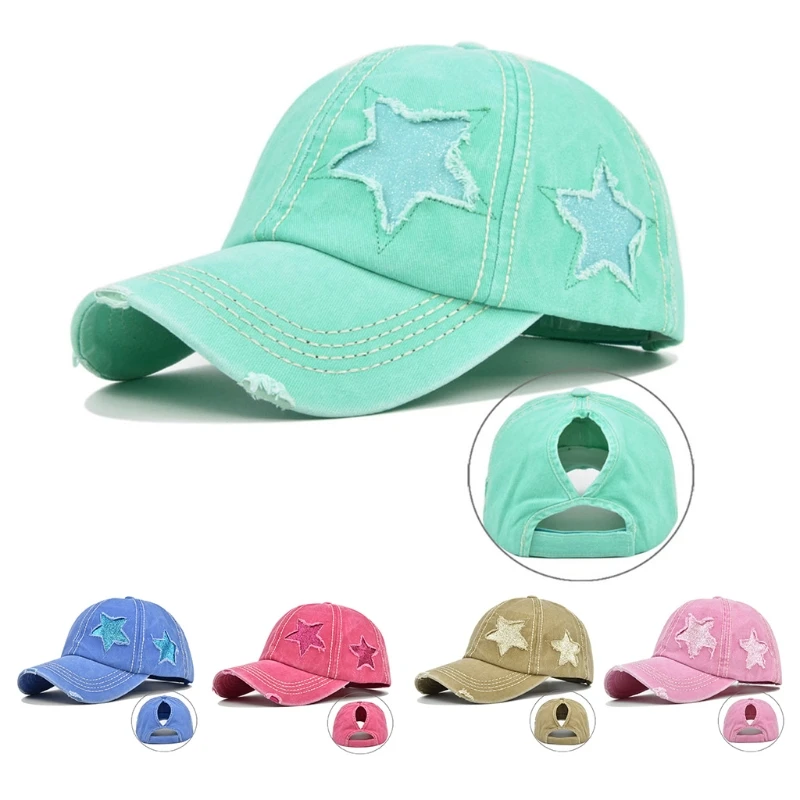 

2021 Womens Washed Cotton Baseball Cap Glitter Star Embroidery Vintage Distressed Messy High Bun Ponytail Hole Trucker Hat