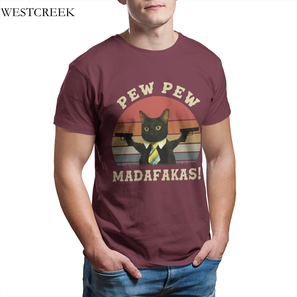 

Wholesale Men's T-Shirt Retro Funny Black Cat Pew Pew Madafakas Vintage Essentials Print Fashion Tshirts 34475