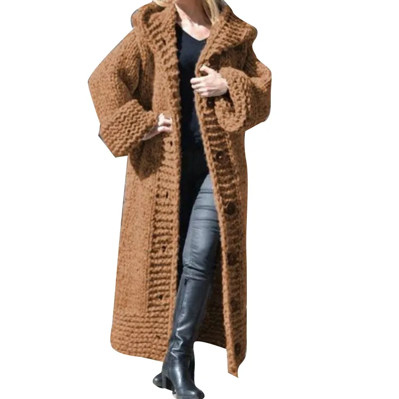 

5Xl Plus Size Women Winter New Fashion Hooded Long Sleeve Single Breasted Solid Color Cardigan European Style Thick Warm Sweater