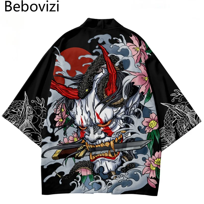 

5XL 6XL Japanese Traditional Demon Print Kimono Suit Cosplay Samurai Haori Obi Women Men Cardigan Beach Yukata Set Asian Clothes