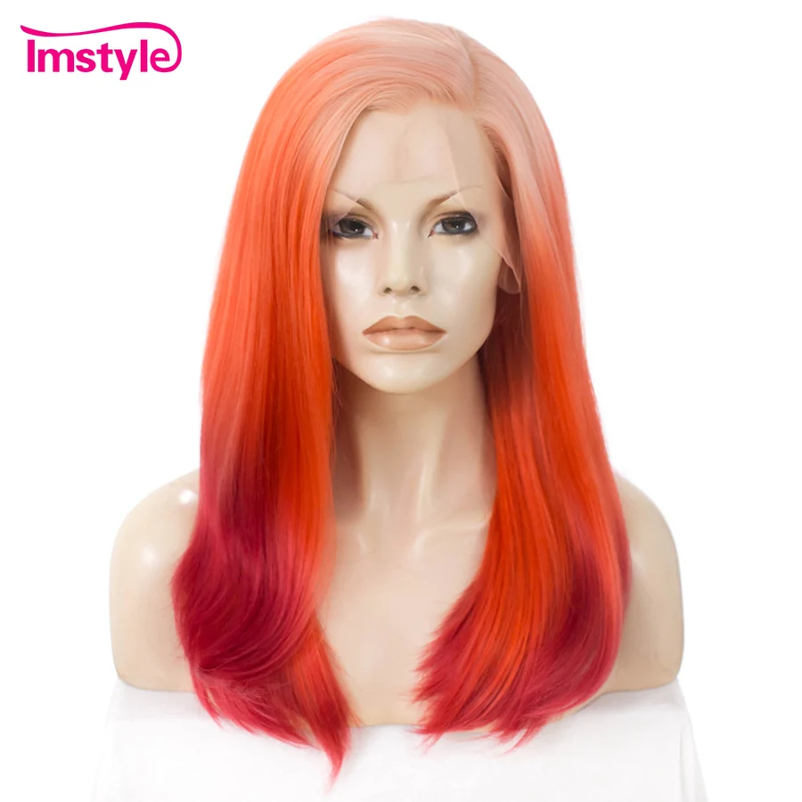 Imstyle Ombre оранжевый красный парик прямой синтетический кружевной передний парик для женщин Термостойкое волокно три тона маскарадный парик для вечеринки 22"