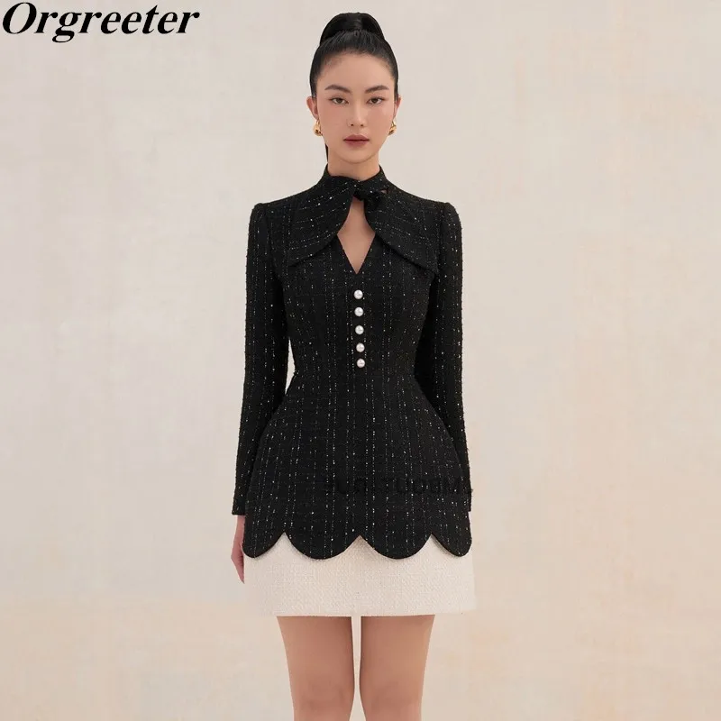 

Женское твидовое платье с бантом, черное приталенное шерстяное платье составного кроя в стиле пэчворк, приталенное платье для вечеринки, Ос...