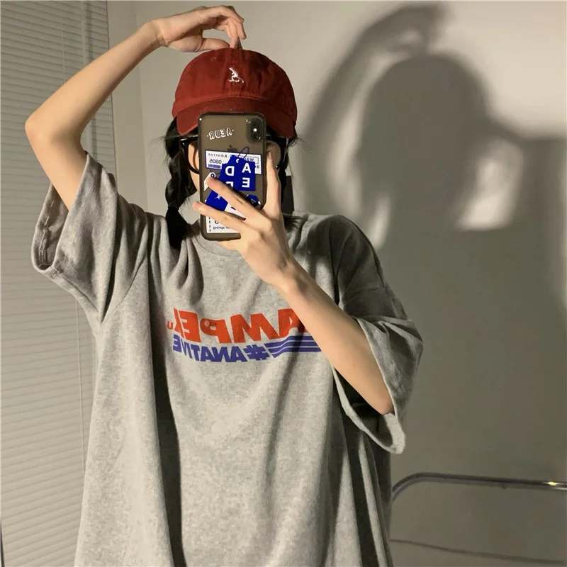 Женская футболка с коротким рукавом свободная простая средней длины принтом