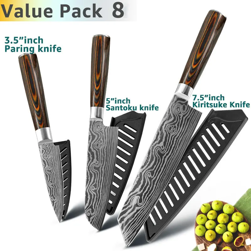 Value Pack 8 Кухонный нож 8 дюймов, японские ножи шеф-повара 7CR17 440C из высокоуглеродистой нержавеющей стали, дамасский чертежный универсальный набор сантоку, Кливер - Цвет: Value Pack 8