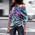 Свитшот женский с принтом Tie-Dye, толстовка с открытыми плечами, Топ с длинным рукавом, Повседневная Уличная одежда в стиле Харадзюку, осень